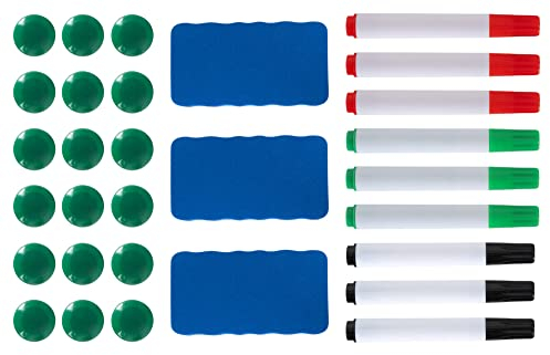 Pronomic WBA-6090 Whiteboard Zubehör 3x Set - 9 Marker Stifte in Rot, Grün und Schwarz, 3 Schwamm Radierer und Wischer, 18 Haft-Magnete
