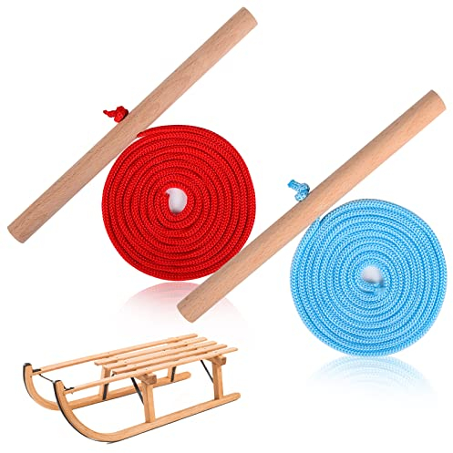 FORMIZON 2 Stück Schlittenseil, 180 cm Schlittenseil Seil, Schlittenseil Zugseil mit Holzgriff, Schlitten Zugseil, für Schlitten und Rodel im Winter, Schlitten Leine, Schlittenseil mit Griff