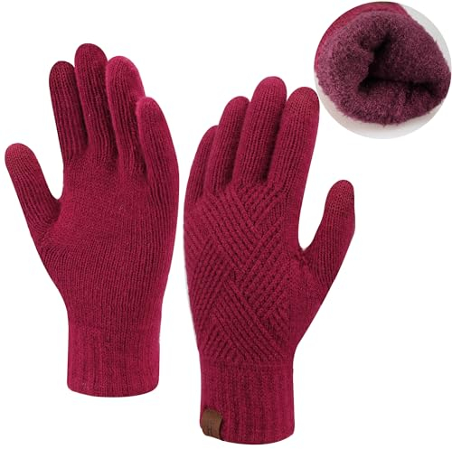 Damen Winter Warm Touchscreen Handschuhe Thermo Gestrickte Winterhandschuhe Doppellagige Strickhandschuhe mit Fleece Gefütterte Frauen Geschenk, Weinrot