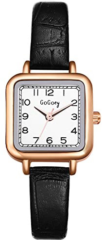 JewelryWe Uhren Damen Analog Quarz Armbanduhr Klassisch Zeitlos Einfach Quadratisch Leder Armband Slim Uhr für Frauen Mädchen Schwarz