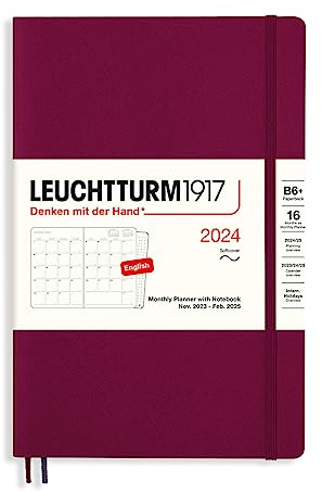 LEUCHTTURM1917 367579 Monatsplaner mit Notizbuch, Softcover, Paperback (B6+) 2024, 16 Monate, Port Red, English