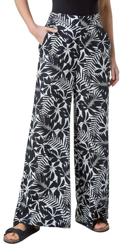 Roman Originals Wide Leg Trousers for Women UK - Ladies Palazzo Pants Floral Print Abstract Everyday Holiday Spring Summer Comfy Soft Evening Vacation Work Party - Black Ivory - Size 20