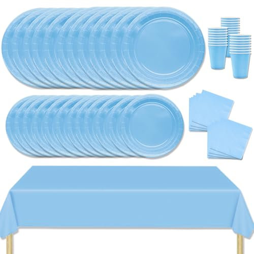 MORAINJAY 69Pcs Party Tableware Set,Lake Blue Dinnerware Set with Plates,Tablecloth,Napkins,Cups,Solid Color Table Decorations for Birthday,Wedding,Picnic,Baby Shower,Party Supplies for 16 Guests