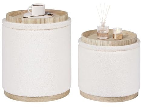 Bonlife Round White Ottoman with Storage Set of 2,Makeup Vanity Stool Chair,Ottoman Coffee Table for Living Room,Bedroom,Dining Room,39x39x44cm