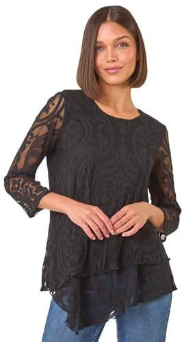 Roman Originals Women Burnout Spot Print Asymmetric Top - Ladies Stretch Jersey Round Neck 3/4 Length Sleeves Lettuce Hem Daywear Tops - Burnout Black - Size 12