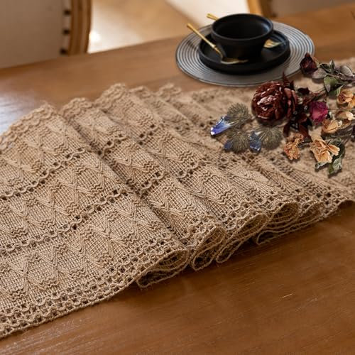 Fecialy Camino de Mesa Boho Granja Camino de Mesa de Arpillera Tejido de Macramé Camino de Mesa de Yute Marrón para Decoración de Casas Cocina Decoración de Mesas,30 x 173cm