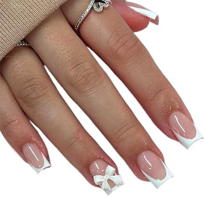 24 Stück Nägel zum Aufkleben, Rosa Weiß Bogen Element Fake Nails, Süße Schleife Short Square Press on Nails, für Nagel Techniker Salon,Nail Art Lover DIY