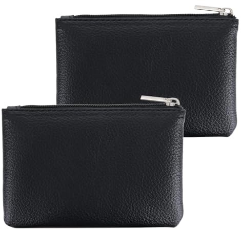 2 Pack Leather Zipper Coin Purse, Portable PU Leather Coin Purse,Mini Coin Pocket Pouch Change Holder, Coin Pouch with Zipper for Men Women Headset Credit Card ID Key Lipstick (Black)