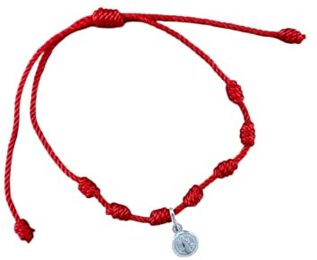 Minoplata Bracciale rosso sette nodi regolabile con medaglia in argento sterling 925