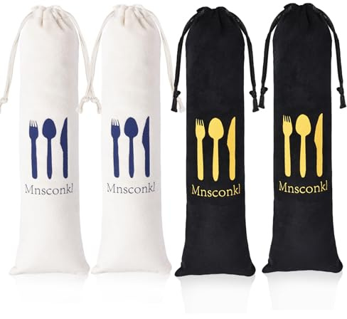 Mnsconkl Bolsa para cubiertos de viaje, portátil, lavable, de terciopelo, para camping, pícnic y escuela, bolsa para cubiertos, negro/blanco, 4PCS, Contemporáneo