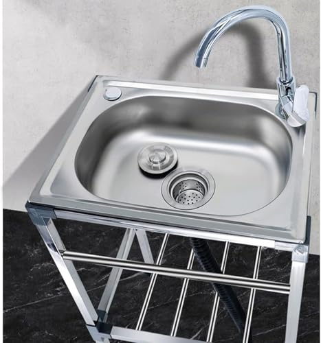 Évier multifonction mobile en acier inoxydable avec robinet – Lavabo autoportant pour intérieur/extérieur – Parfait pour la cuisine, le garage, le jardin, le camping – Taille 42 x 37 x 83 cm