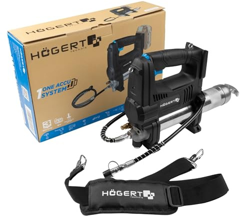 Högert Technik Akku-Fettpresse 18V OneAccuSystem, 680 bar, 10000 PSI, 280 g/min, Schmierpistole mit LED, Luftablassventil, Schultergurt, für Werkstatt, BAU und Landwirtschaft, ohne Akku