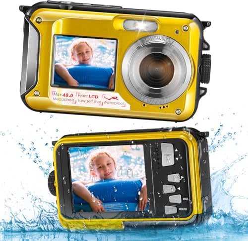 Reomdara Cámara Digital Impermeable, Cámara Submarina HD 2.7K 48MP con Doble Pantalla para Buceo 3M para Nadar, Zoom Digital 16X Anti-Vibración, Amarilla