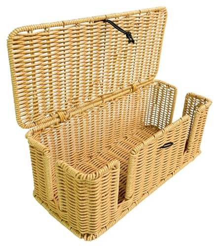 TQIOQIY Cable Management Box 33×15×12.8cm, Woven-Look Cord Organizer with Latch Lid & 2 Side Slots, Rattan-Style Wire Storage for TV Wires WiFi Router USB Hub, Under Desk Socket Tidy