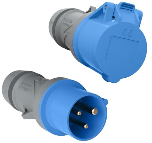 SET Mennekes CEE Kupplung und Stecker Camping Stecker 16A 3-polig 6h 230V Blau IP44 für Aussenbereich Made in Germany