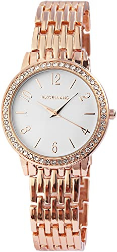 Excellanc Damen-Uhr Metall Gliederarmband Faltschließe Strass Analog Quarz 1800125 (roségoldfarbig weiß)