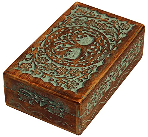 ETROVES Carved Wooden Box - Decorative Memory Storage Wood Case Single Compartment for Women and Men Jewelry - Vintage Trinket Box, 8 Inch, Turquoise