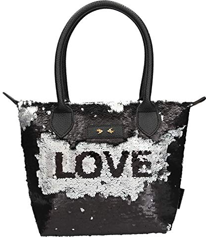 Depesche 10611 Handtasche mit Streichpailletten, Trend Love and Peace, schwarz, ca. 21 x 31 x 13 cm, bunt