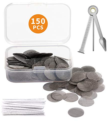 YUNDE 150 Stück Edelstahl Screen Pipe Screens Rohr Filterung Rauchen Pfeife Sieb Filter 15 mm mit Aufbewahrungs Box mit 3-in-1-Pfeifenschaber + 20 Pfeifenreiniger