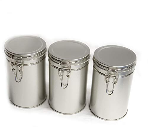 Set of 3 Kitchen Food Storage Canisters Containers Small - Airtight Clip Lid - Tea/Coffee/Sugar - Compact Slim Metal Caddies - 1 Pint - Silver