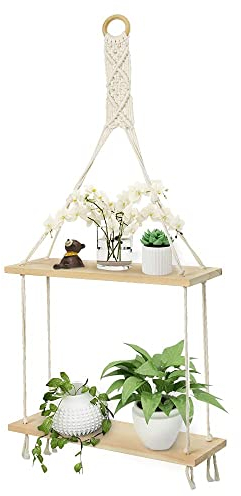 Afuly Etagere Murale Bois Macramé Boheme Deco Plantes Simple Houppe Manuel Tissé Chambre Salon WC Étagère Suspendue Corde 2 Tier