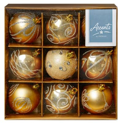 Premier 9 x 60mm Decorated Baubles - Champagne Gold