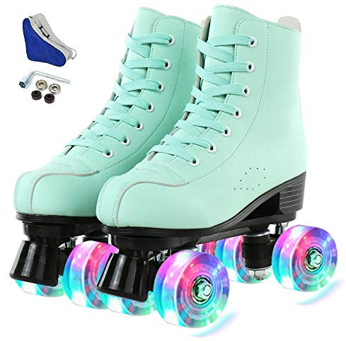Rollschuhe für Damen Herren, High Top PU Leder Klassische Zweireihige Rollschuhe Indoor Outdoor Rollschuhe für Anfänger eine Schuhtasche (Green Flash, 39)