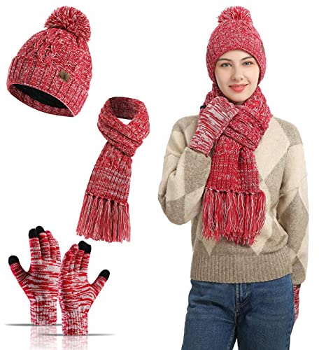 Meajore MüTze Schal Handschuhe Damen Set 3 in 1 Winter Warm Beanie Touchscreen Handschuh Und Lang Schal StrickmüTze Set