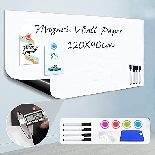 ZHIDIAN 0.5mm Thick Magnetic Whiteboard Sticker 120 x 90 cm Magnetic Dry Erase Whiteboard Paper for Wall with 4 Markers + 4 Magnets + cloth + Adhesive Tape, Non-Adhesive Back for Classroom Office Home