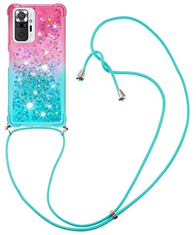 YMCASE Handykette Hülle für Xiaomi Redmi Note 10 Pro/Note 10 Pro Max, Smartphone Necklace Glitzer Transparent Silikonhülle mit Band - Handyhülle Case mit Stylische Kette zum umhängen, Pink und Blau