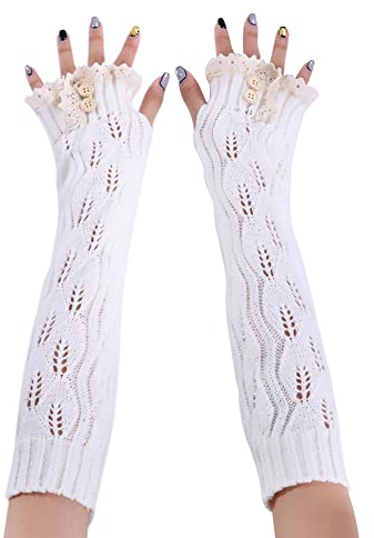 MoreChioce Fingerlose Handschuhe für Frauen, Gestrickte Lange Armstulpen Handschuhe Winterwärmer Handgelenk Fingerlose Handschuhe Pulswärmer mit Spitzenknopf Daumenloch,Weiß