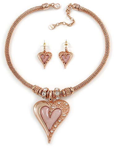 Avalaya Crystal Heart Mesh Necklace and Stud Earrings Set In Rose Gold Metal/Pink/ 39cm L/ 8cm Ext - Gift Boxed