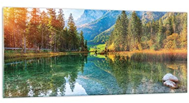 Wandbilder Dekoration Wohnzimmer Landschaft Berge Morgendämmerung Panorama Bilder auf Glas 120x50cm Glasbild Schlafzimmer Küche Wand Kunstdruck Art Groß Wanddeko Bild im Glas Modern GAB120x50-4456