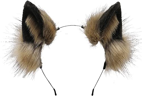 ZFKJERS Handgefertigtes Fell Fuchs Katzenohren Stirnband Fursuit Kopfbedeckung Cosplay Kostüm Party Zubehör (Khaki Schwarz)