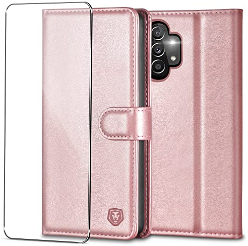 Handyhülle für Samsung Galaxy A13 4G Hülle mit Panzerglas Schutzfolie Premium PU Leder Klapphülle Case Brieftasche Kartenfach Ständer Magnet Handytasche Cover Schutzhülle für Samsung A13 4G - Roségold