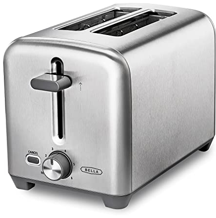 BELLA Stainless Steel 2 Slice Toaster with Extra Wide Slots and Removable Crumb Tray, 6 Browning Options, Auto Shut Off and Reheat Function, Toast Bread, Bagel and Waffle