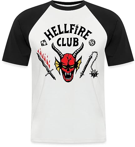 Spreadshirt Stranger Things Hellfire Club Logo Schwarz Männer Baseball-T-Shirt, L, Weiß/Schwarz