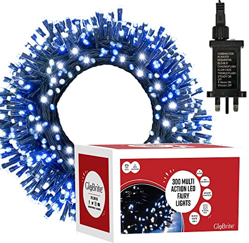 GloBrite 300 LED Fairy Lights - Versatile Christmas Lights with 8 Modes, Outdoor Fairy Lights, Christmas Tree Lights and Christmas Decorations - Waterproof Christmas Lights Outdoor - Blue/White
