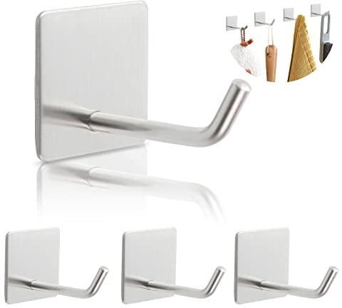 4 piezas Ganchos de pared autoadhesivos de alta resistencia, LIUCONGBD ganchos largos de acero inoxidable para colgar toallas de cocina y baño, ganchos impermeables para colgar llaves (plata)