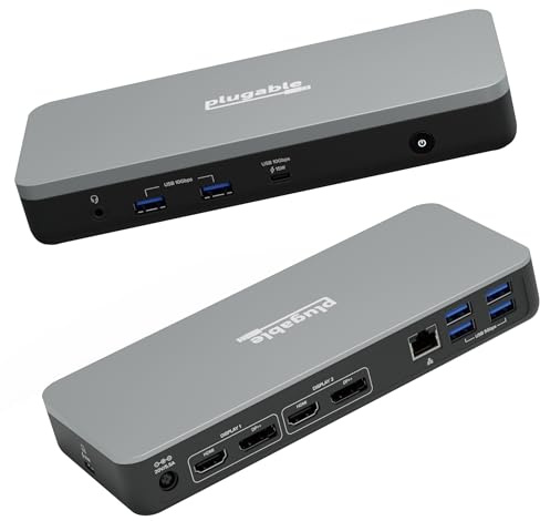 Plugable 12-in-1 Dual 4K USB C Docking Station, Works With Chromebook Certified, Driverless 60W Charging Dock, Compatible with ChromeOS and Windows, 2x HDMI, 2x DisplayPort, Ethernet, 1x USB-C, 6x USB