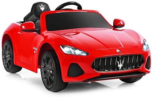 GYMAX Kids Ride on Car, 12V Battery Powered Licensed Maserati Toy Car with Remote Control, Music, Horn, Radio, USB, Spring Suspension & Safety Belt, Children Electric Vehicle for Boys Girls (Red)