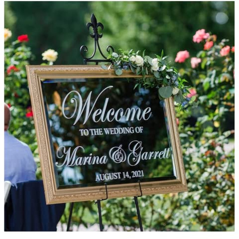 Welcome Mirror Vinyl Sticker - Personalized Names and Date Wall Decal for Wedding Party Decor - Sign Mural (94x57cm)