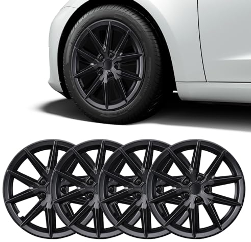 BASENOR 2025 Tesla Model 3 Radkappen 18 Zoll Nabenkappen Radnabenabdeckungen OEM Felgenschutz Abdeckung Ersatz Matte Schwarze Radkappen Exterieur Zubehör Leistungssteigerung (Set von 4) für 2019-2023