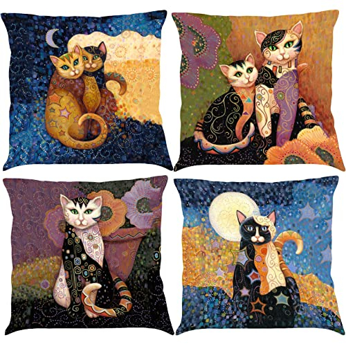 BINXWA 4 Stück Kissenbezug 45x45 - Katze Deko Kissenhülle Baumwolle Leinen für Sofa und Outdoor Garten Dekoration