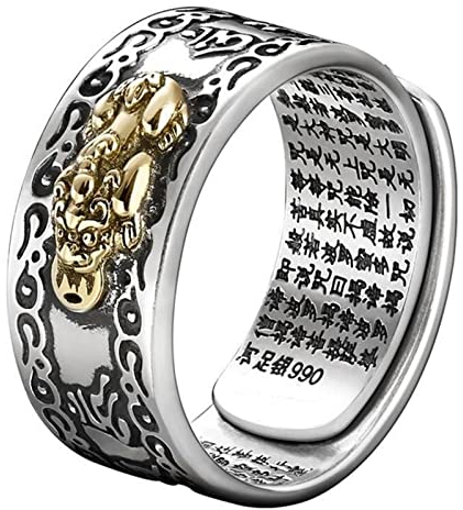 Feng Shui Pixiu Mantra Ring 99 Silber Buddhistisches Glücksamulett Mantra Doppelter Schutz Reichtum Liebe Gesundheit Ring Geschenk für Männer Frauen