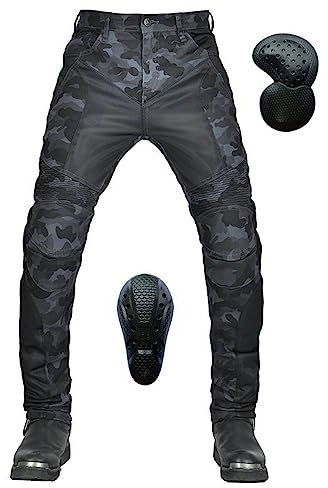 KHAMEO Motorrad-Jeanshose Für Herren, Sturzfeste Jeans Mit Geradem Bein Und 4 Arten Von Schutzausrüstung, Motorradhose Für Motorradrennfahrer Camouflage (Bule,S)
