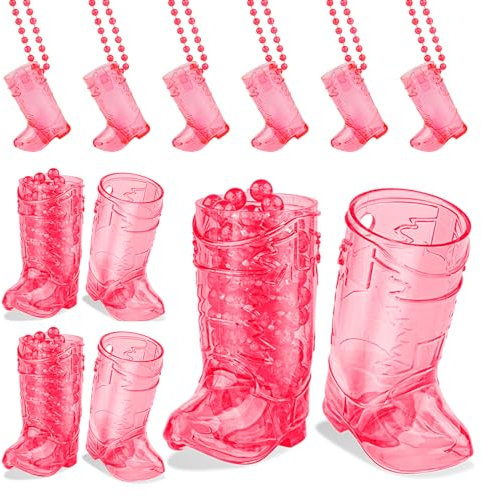SAIAOKJ 12 Pcs Boot Shot Glasses on Beaded Necklace，1 Oz Mini Plastic Cowgirl Boot Shot Necklaces Cups, Bachelorette Birthday Wedding Party Supplies Cordial Glasses(Rose Red)