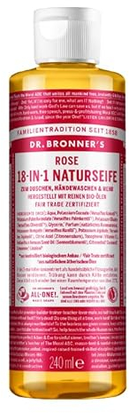 Dr. Bronners | 18-IN-1 Naturseife Rose | Organic Flüssigseife | Mit natürlichem Rosenaroma | Duschgel, Handseife, Shampoo und vieles mehr | Mit Bio Kokos-, Oliven- und Jojobaöl | 240 ml