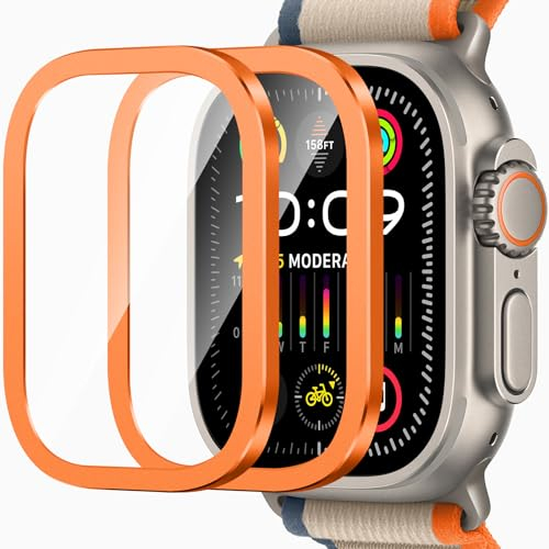 ZZDZZ [2 Piezas Protector de Pantalla Compatible con Apple Watch Ultra2/Ultra 49mm, Resistente Arañazos Metal Protector Pantalla Cristal Templado para iWatch 49mm - Naranja