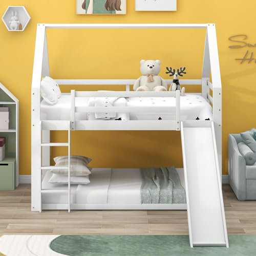 KOMHTOM Superposé Lit Cabane en Bois avec Toboggan et Échelle, Lit Simple avec Clôture de Sécurité, Support à Lattes, Cadre de lit, Chambres à Coucher, Pin(sans Matelas,90 x 200CM) (Blanc)